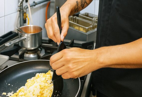 Préparation du Bacalhau à Brás dans la cuisine du restaurant Dona Maria à Neuchâtel, avec le chef en train de mélanger les ingrédients dans une poêle.