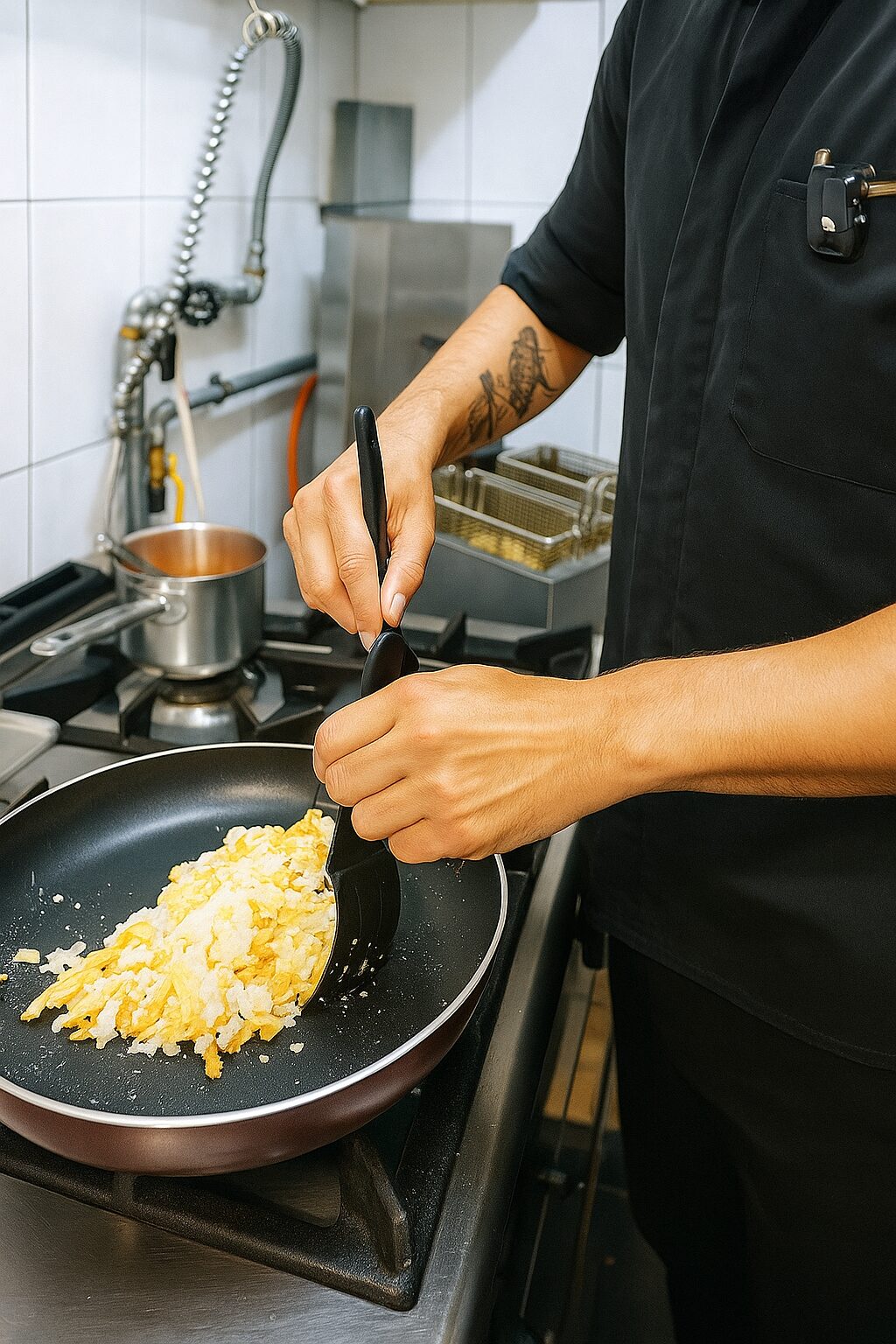 Préparation du Bacalhau à Brás dans la cuisine du restaurant Dona Maria à Neuchâtel, avec le chef en train de mélanger les ingrédients dans une poêle.
